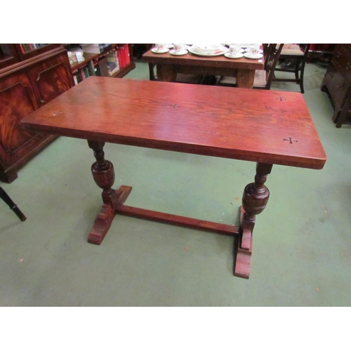 4018 - A circa 1900 ecclesiastical oak table with carved Maltese cross decoration over a twin pillar, bulbo... 