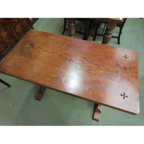 4018 - A circa 1900 ecclesiastical oak table with carved Maltese cross decoration over a twin pillar, bulbo... 