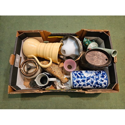 4265 - A box of miscellaneous to include miniature oak barrel, Studio pottery frog, West German jug, etc