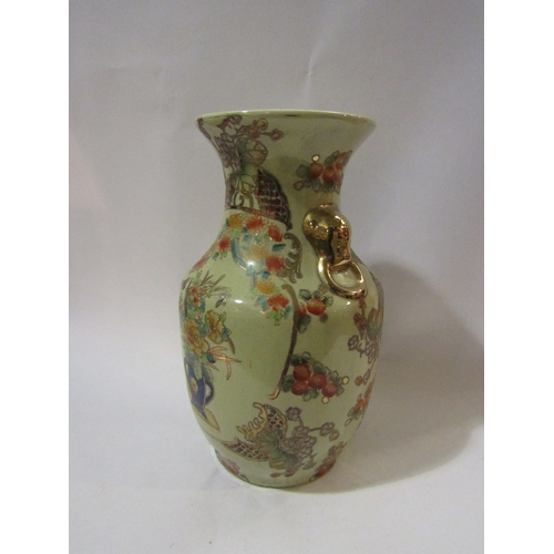 4275 - A 20th Century hand painted Satsuma vase, faux ring handles, gilt embellishment, 36cm tall