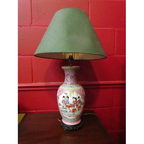 4165 - A Famille Rose Canton lamp base with green shade, 72cm tall          (R) £25