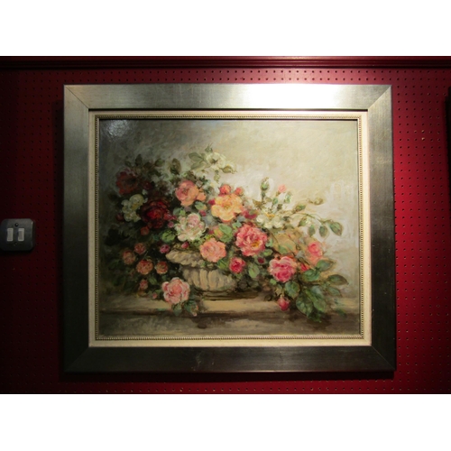 4028 - M. H. WENN: Oil on board depicting still life of roses in a bowl, signed lower left, framed, 50cm x ... 