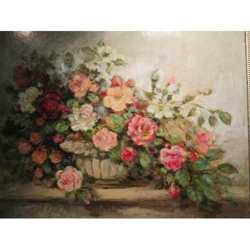 4028 - M. H. WENN: Oil on board depicting still life of roses in a bowl, signed lower left, framed, 50cm x ... 