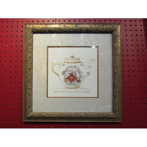 4058 - Two prints of collectors cup and saucer the other a teapot, framed and glazed, 17cm x 16cm image siz... 