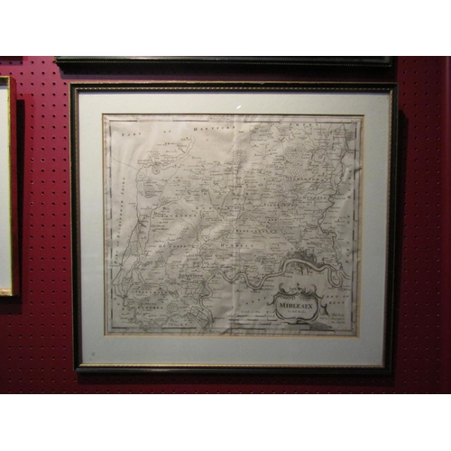 4066 - A Circa 17th Century engraved map of Middlesex by Robert Morden, framed and glazed, image size appro... 