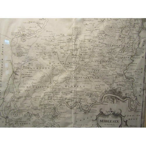 4066 - A Circa 17th Century engraved map of Middlesex by Robert Morden, framed and glazed, image size appro... 