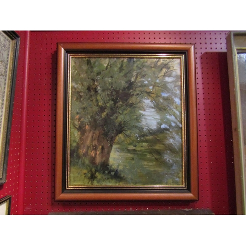 4070 - Two oils on board. Woodland scene, 44cm x 38cm image size, and house and trees, signed ASKEW lower r... 