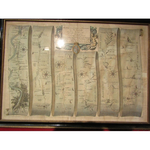 4097 - 'The Road from London to St Davids', a 17th Century road map by John Ogilby. Hand coloured framed an... 