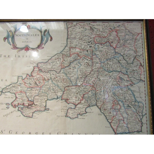 4098 - A 17th Century hand coloured map of South Wales by Robert Morden, framed and glazed 35.5 x 43cm imag... 