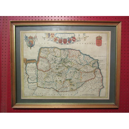 4099 - A 17th Century hand coloured map of Norfolk by Johannes Blaeu, framed and glazed 37.5cm x 50cm image... 