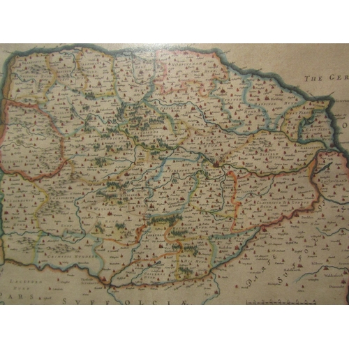 4099 - A 17th Century hand coloured map of Norfolk by Johannes Blaeu, framed and glazed 37.5cm x 50cm image... 