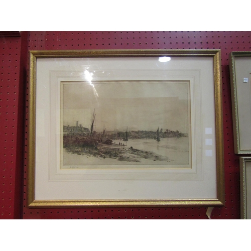 4110 - A William Wyllie etching of harbour entrance, sailing vessels and workers at low tide, signed lower ... 