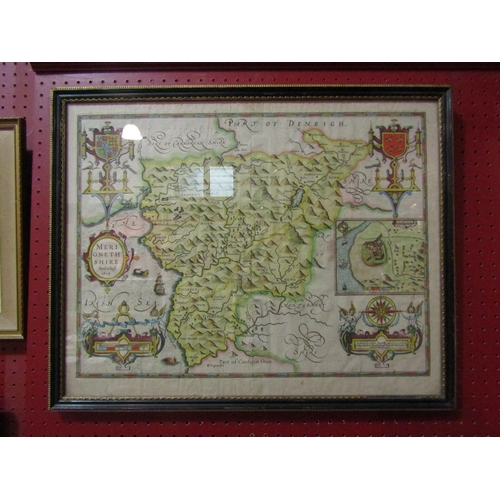 4134 - A Circa 17th Century hand coloured engraved map of Merionethshire, Wales, by John Speed, framed and ... 