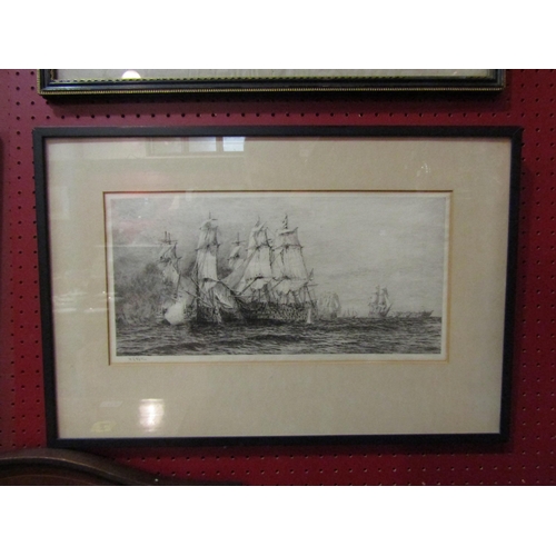 4135 - A William Wyllie etching of the Battle of Trafalgar, signed lower left, framed and glazed, 19cm x 40... 