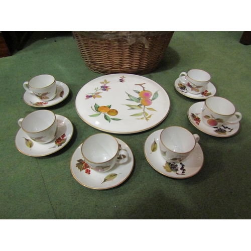 4141 - A basket containing a selection of Royal Worcester Evesham, six cups and saucers and a cake plate