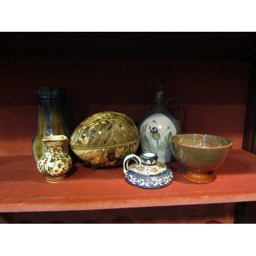 4159 - A selection of pottery and tin glazed wares including Dunmore vase, 21.5cm tall, lidded egg form bow... 