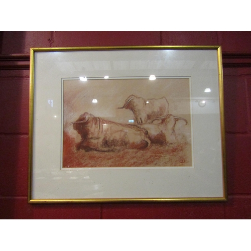 4178 - A framed and glazed pastel on paper of Long Horn cattle. Monogram G.D. bottom right. Image size 32.5... 