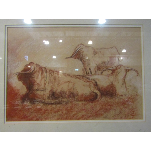 4178 - A framed and glazed pastel on paper of Long Horn cattle. Monogram G.D. bottom right. Image size 32.5... 