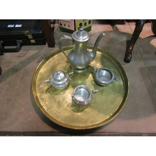 4242 - A large brass charger, 51cm diameter, together with a pewter coffee pot and cream jug and a Royal Se... 