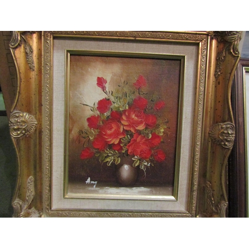 4254 - Five various prints and pictures, oleograph still life of red roses, limited edition print after Ern... 