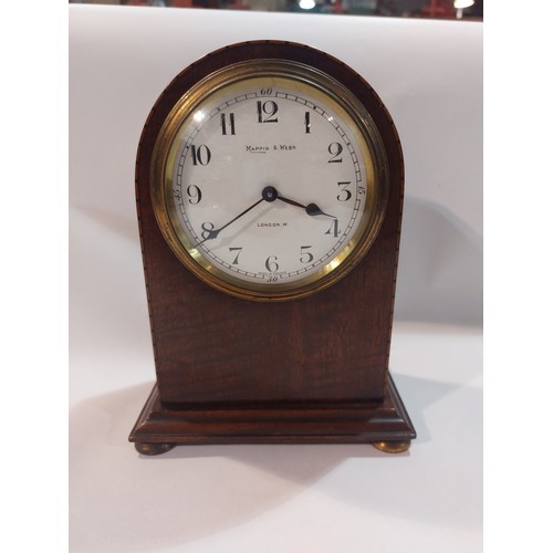 4355 - A Mappin & Webb of London mahogany cased mantel clock, Arabic dial, domed top and strung inlaid case... 