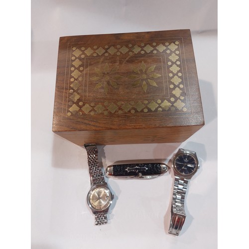 4375 - A brass inlaid box with bijouterie contents, 'Tissot' gentleman's wristwatch, 'Tower' example a/f, f... 