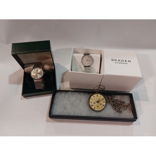 4395 - A Tissot manual wind gents watch, Skagen ladies watch and a silver cased pocket watch with chain and... 