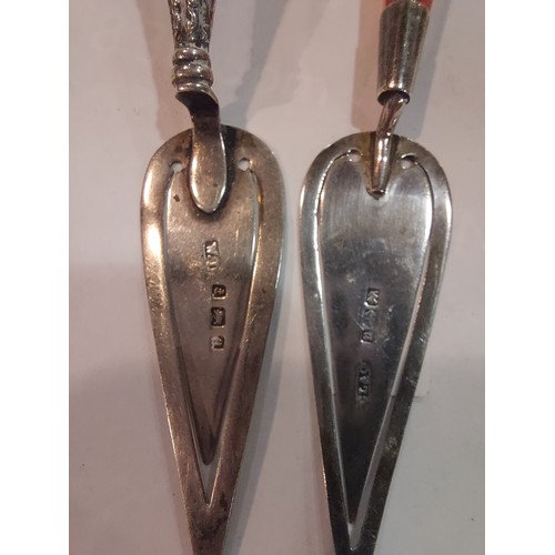 4396 - Two silver trowel form bookmarks, one with agate handle