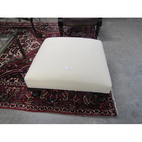 2272 - A 1930's mahogany 2'square top foot stool with cream coloured trellis pattern upholstery on ball and... 