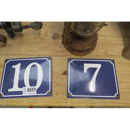 2037 - Two enamel number plates