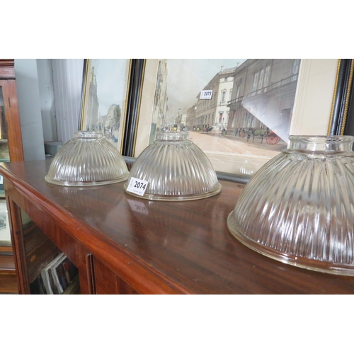 2074 - Three holophane glass light shades 17cm diameter