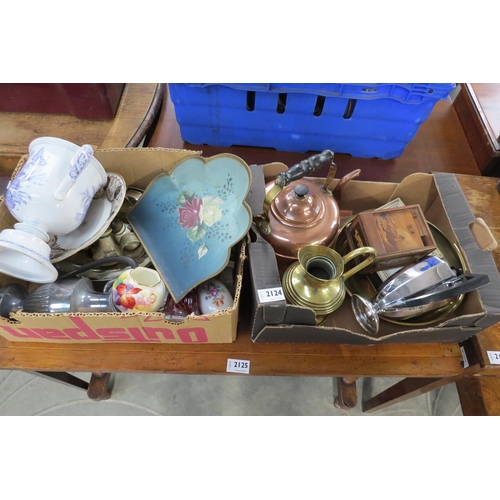 2124 - Two boxes of miscellaneous odds including a copper kettle