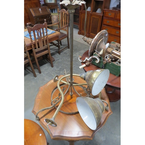 2148 - A pair of brass swan neck lamps and a brass three arm electrolier