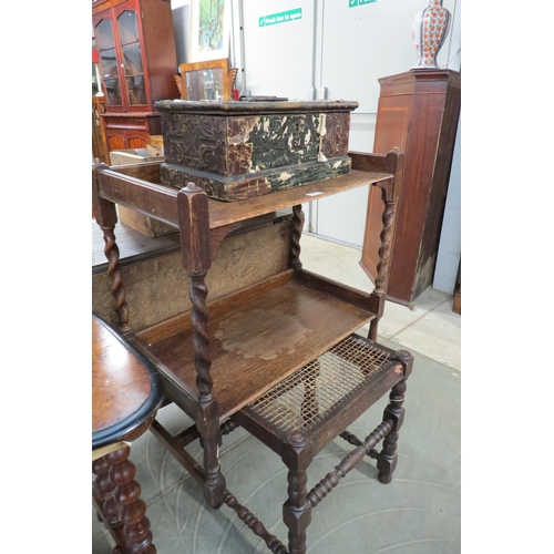 2171 - A two tier oak barley twist tea trolley, a rope seated stool and a painted pine box