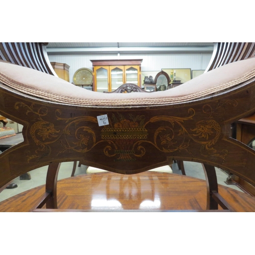 2184 - An Edwardian inlaid mahogany framed stool by James Shoolbred & Co of London