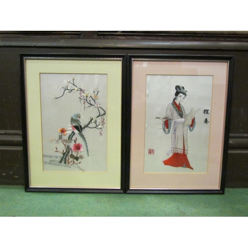 4277 - A near pair of Oriental silks, geisha girl, finch on branch, both framed and glazed, 23cm x 15cm