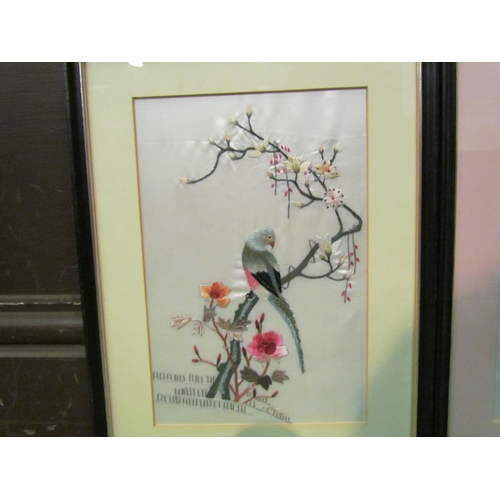 4277 - A near pair of Oriental silks, geisha girl, finch on branch, both framed and glazed, 23cm x 15cm