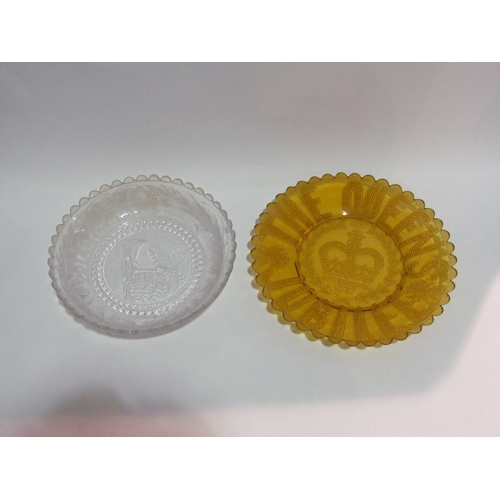 4282 - Two glass plates commemorating Queen Victoria's 1887 and 1897 Jubilees, amber and clear glass, 25cm ... 