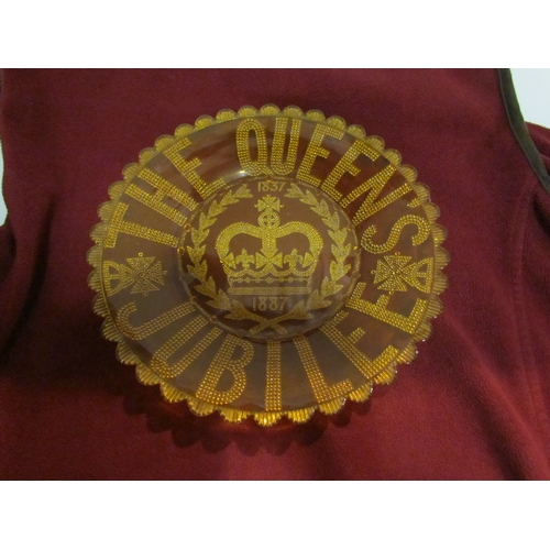 4282 - Two glass plates commemorating Queen Victoria's 1887 and 1897 Jubilees, amber and clear glass, 25cm ... 