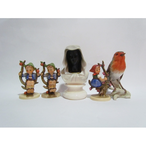 4293 - Three Hummel figures, a Goebel robin and hooded Parian figure on marble effect base (5)