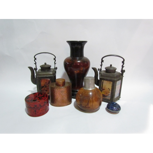 4306 - A mixed lot including two Chinese pewter teapots, one bearing erotic scenes, both with glass a/f, a ... 