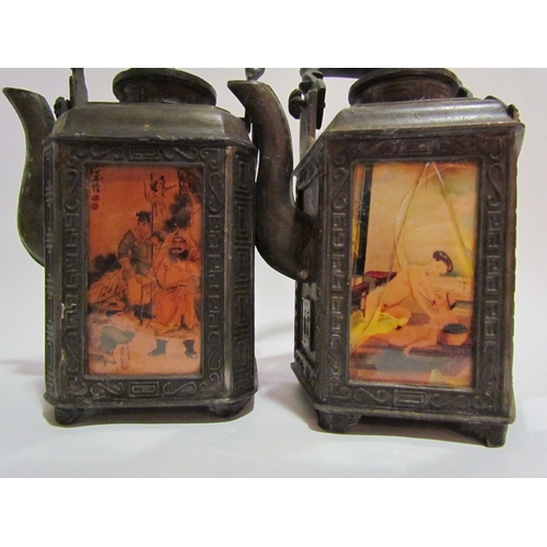 4306 - A mixed lot including two Chinese pewter teapots, one bearing erotic scenes, both with glass a/f, a ... 