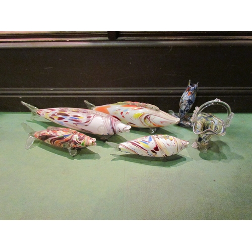 4311 - Six pieces of Murano Marble glass including five fish and a basket