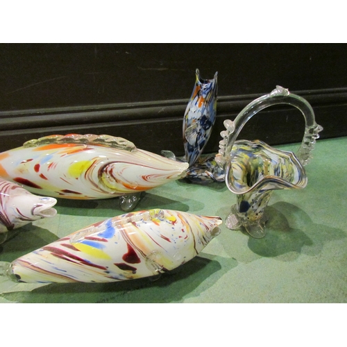 4311 - Six pieces of Murano Marble glass including five fish and a basket