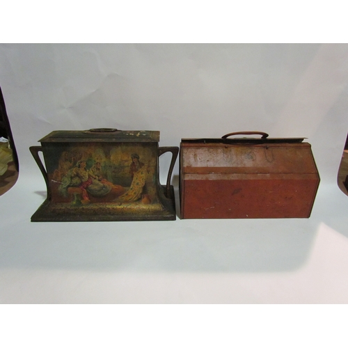 4318 - Two bygone biscuit tins, Art Nouveau and Joseph Farrow & Co. Ltd., in the form of a Gladstone bag, o... 