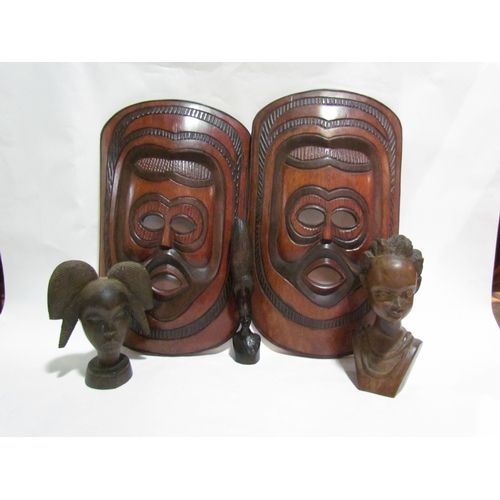 4336 - A pair of African carved wooden masks and three hardwood carved female busts  (5)