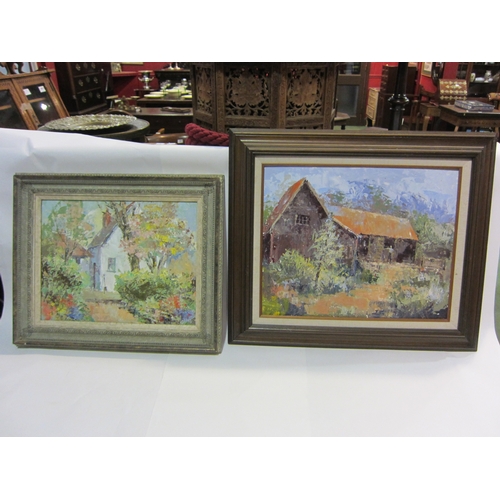 4440 - A. E. BLAKE: Two palette knife oils on board depicting barn and cottage garden with house, both sign... 