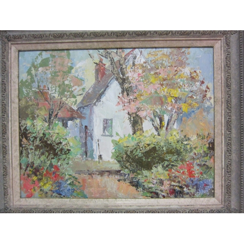 4440 - A. E. BLAKE: Two palette knife oils on board depicting barn and cottage garden with house, both sign... 