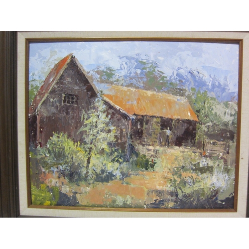 4440 - A. E. BLAKE: Two palette knife oils on board depicting barn and cottage garden with house, both sign... 