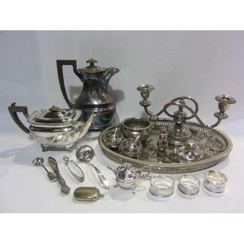 4446 - A quantity of metalwares including silver plated teapot, silver napkin rings and capstan inkwell